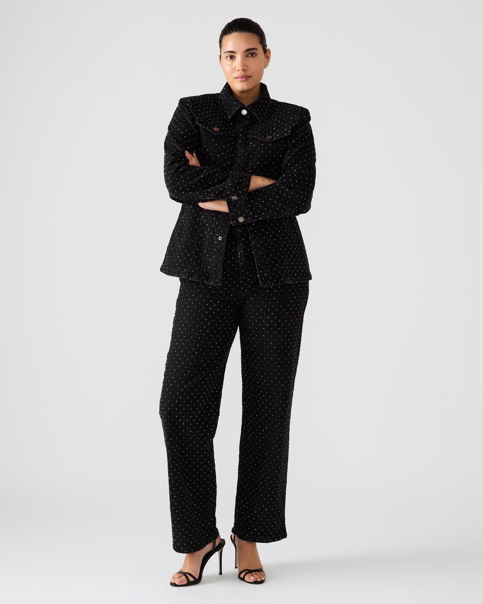 PARC Black Crystal Rhinestone Embellished Long-Sleeved Button-Up Denim Women's Jacket | Steve Madden
