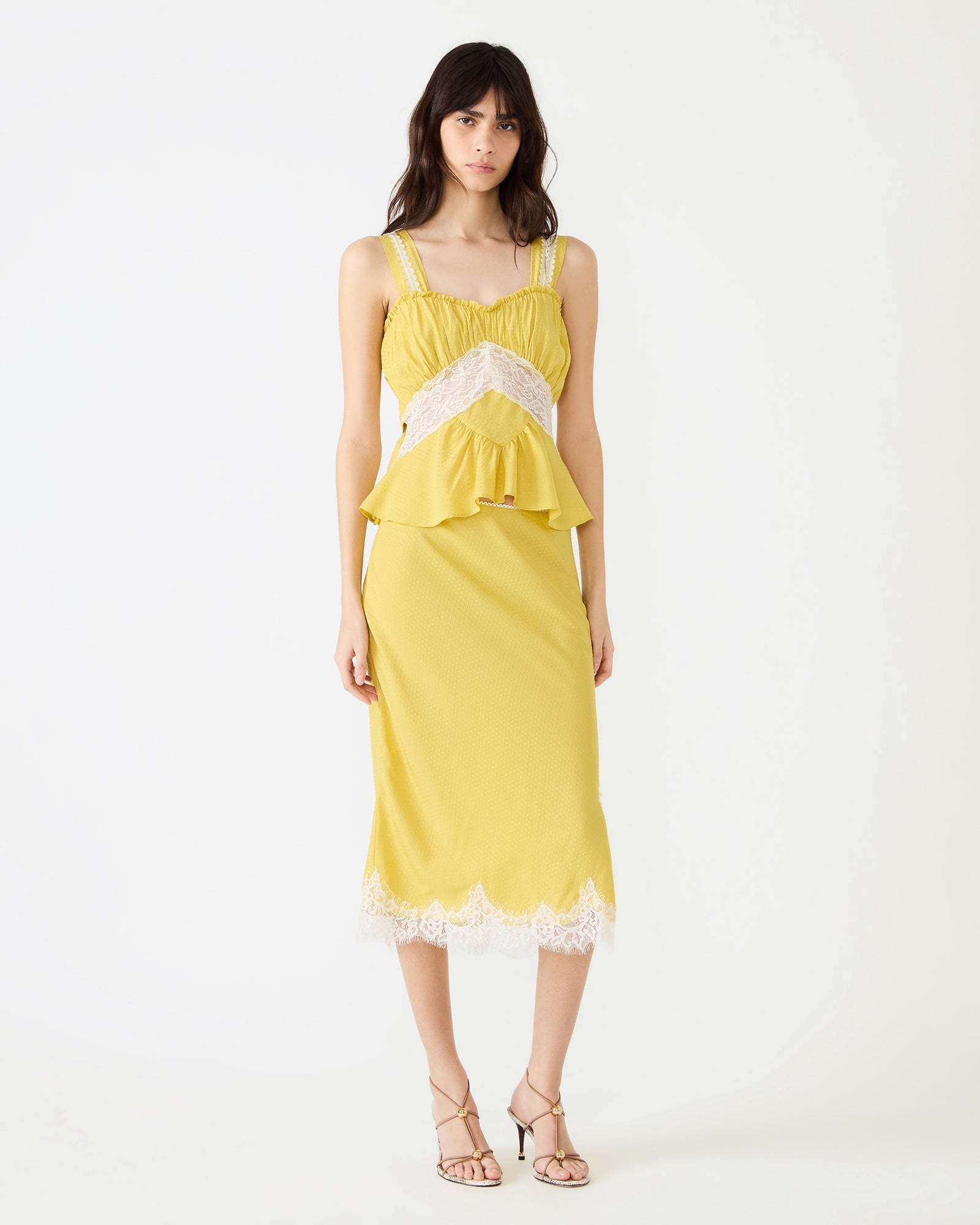 CINTHIA Golden Lime Sleeveless Lace Trim Women's Top | Steve Madden