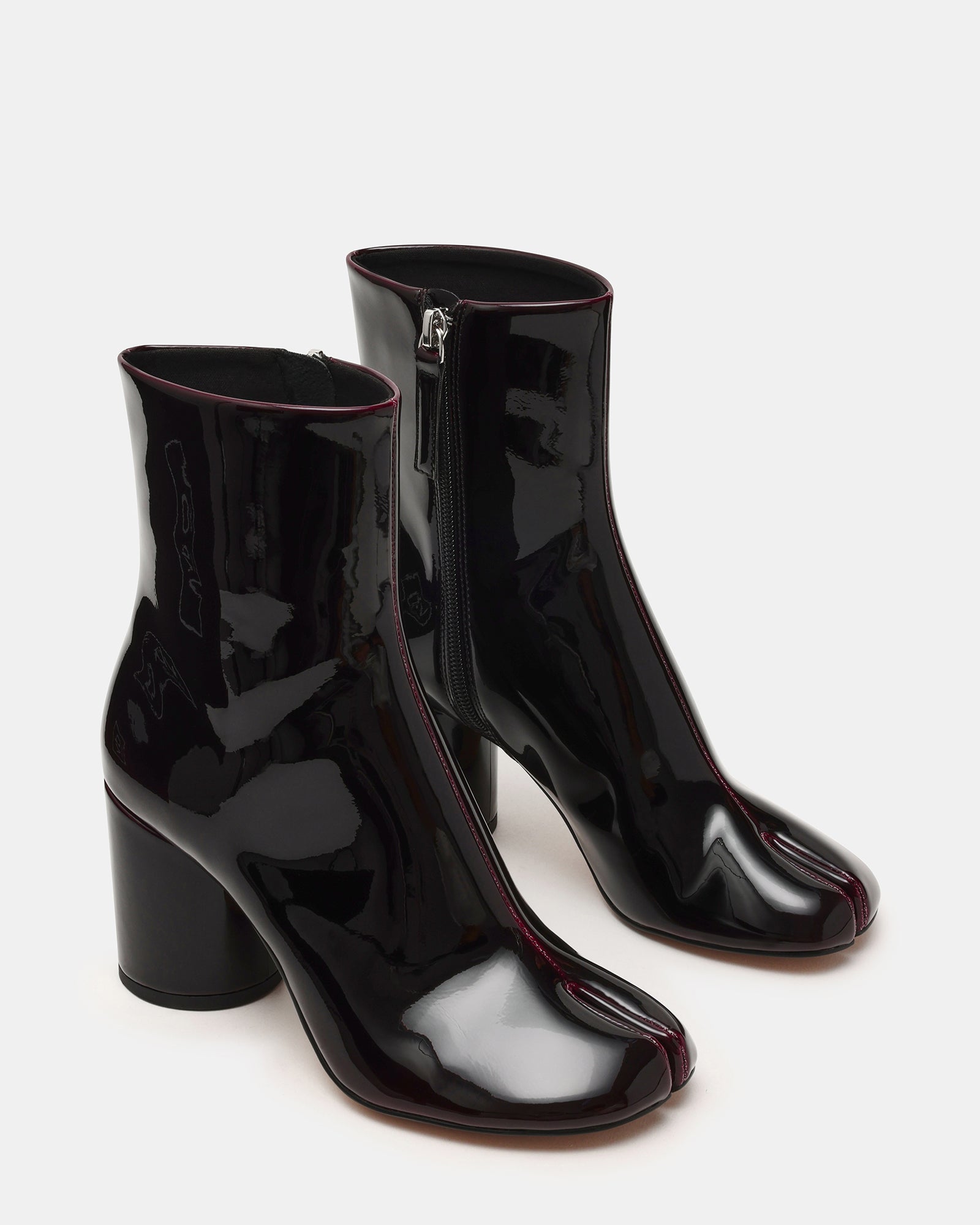 CARO Dark Cherry Patent Tabi Split-Toe Block Heel Women's Ankle Boot | Steve Madden