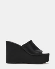 CASSI Black Leather Platform Raffia Wedge Women's Sandal | Steve Madden