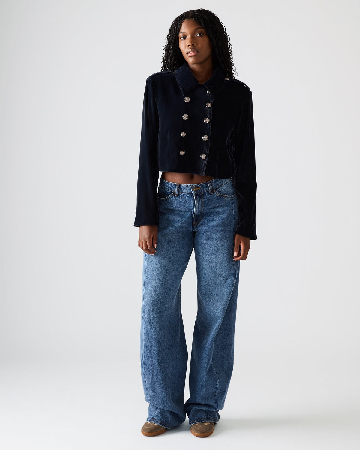 TONIA Indigo Haze Velvet Button-Up Long-Sleeved Women's Blazer Jacket | Steve Madden