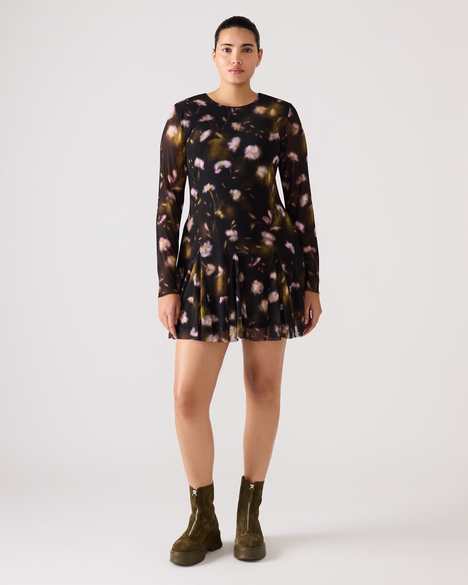 BLISS Black Ditsy Floral Long-Sleeved Floral Print Mesh Sheer Mini Women's Dress | Steve Madden