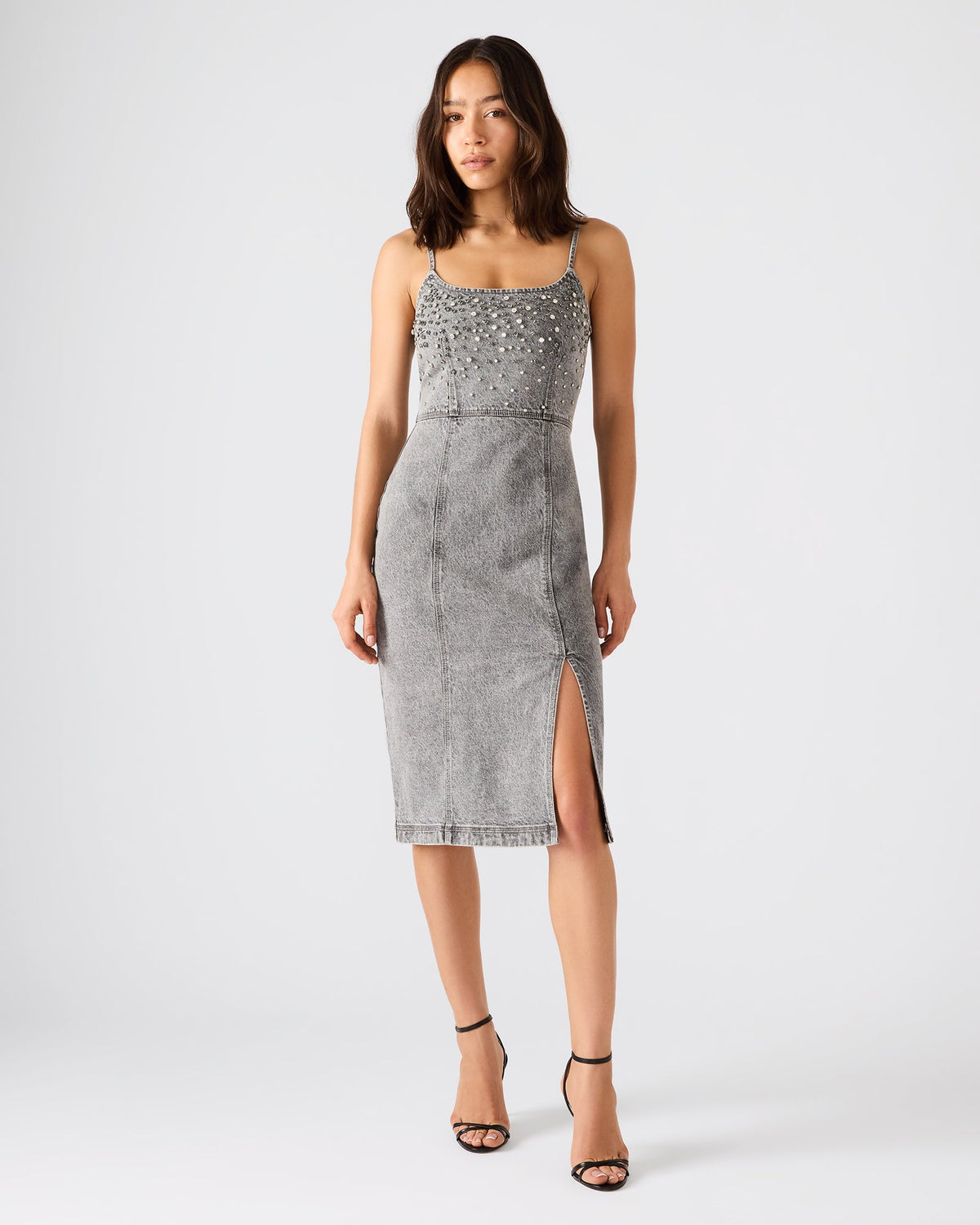 EMBELLISHED GISELLE Fog Denim Midi Women's Dress with Slit | Steve Madden