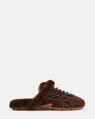 AZIEL MULE Faux Fur Chocolate Brown Suede Low-Top Lace-Up Slip-On Women's Sneaker | Steve Madden