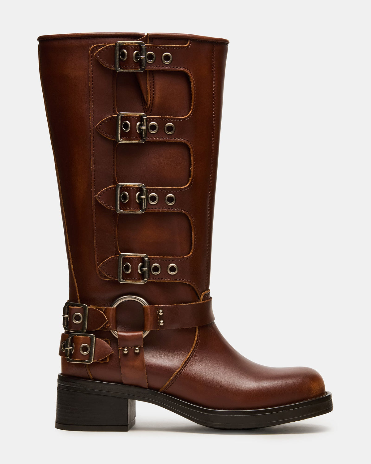 ROCKY Cognac Distressed Wide Calf Knee-High Moto Women's Boot | Steve Madden